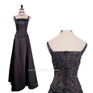 Corset Prom Dress Maxi Gown 6 Black Goth Glam Y2K Floral Bead Dark Romance